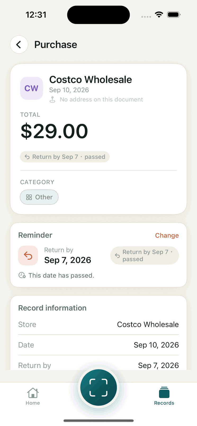 A purchase record for Costco Wholesale showing the total, the printed return date and a reminder card