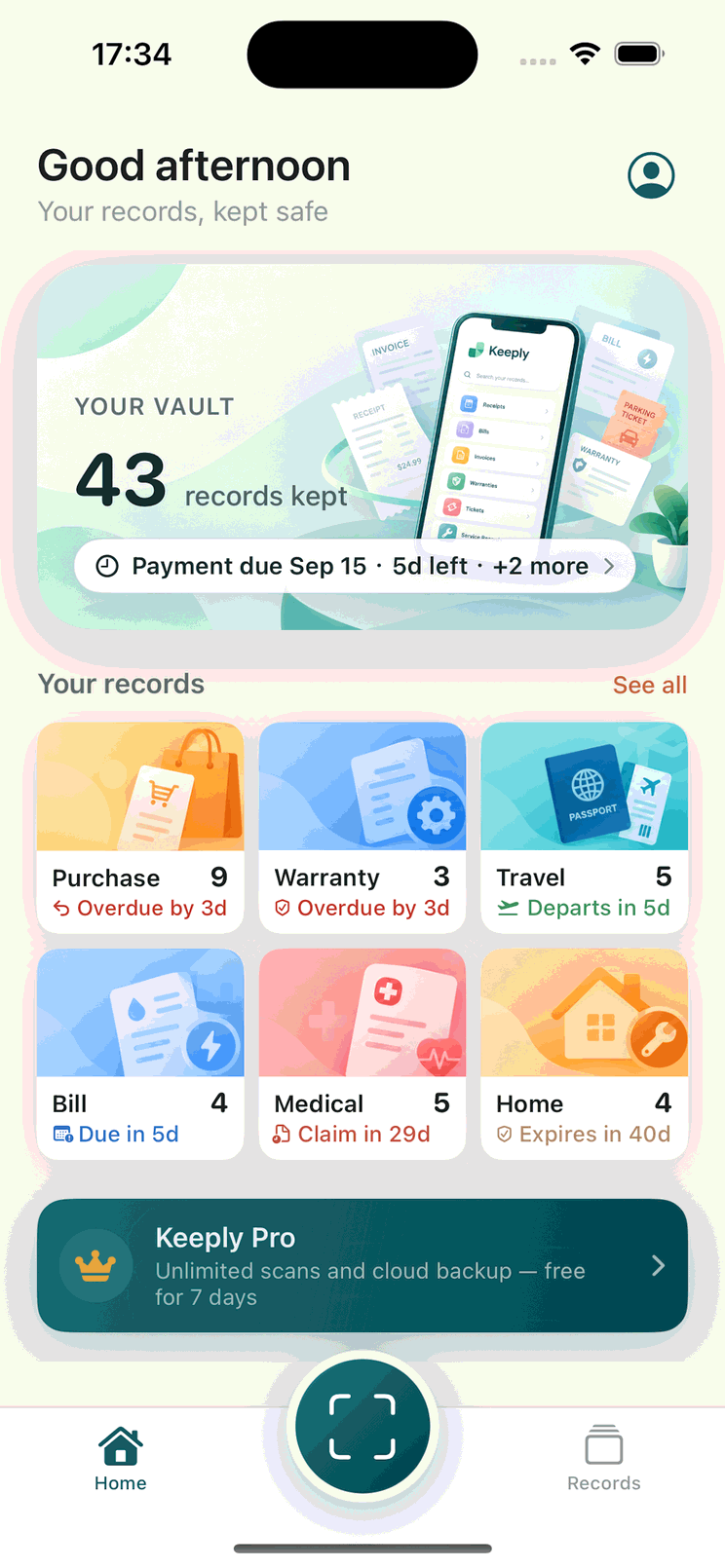Keeply's home screen: a vault holding 43 records, a payment due in 5 days, and type cards for purchases, warranties, travel, bills, medical statements and home improvement