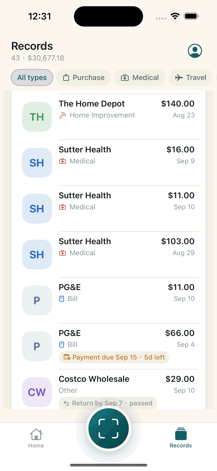The records list filtered by type, showing Home Depot, Sutter Health, PG&E and a Costco receipt whose return date has passed